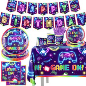 142pcs video game birthday decorations gaming party video game plates and napkins tablecloth cups for kids boys girls neon video game on birthday party favors supplies