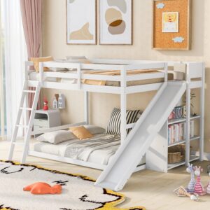 citylight full over full bunk beds with slide, wood full bunk bed with storage shelves & ladder,floor bunk bed full size for kids girls boys, white