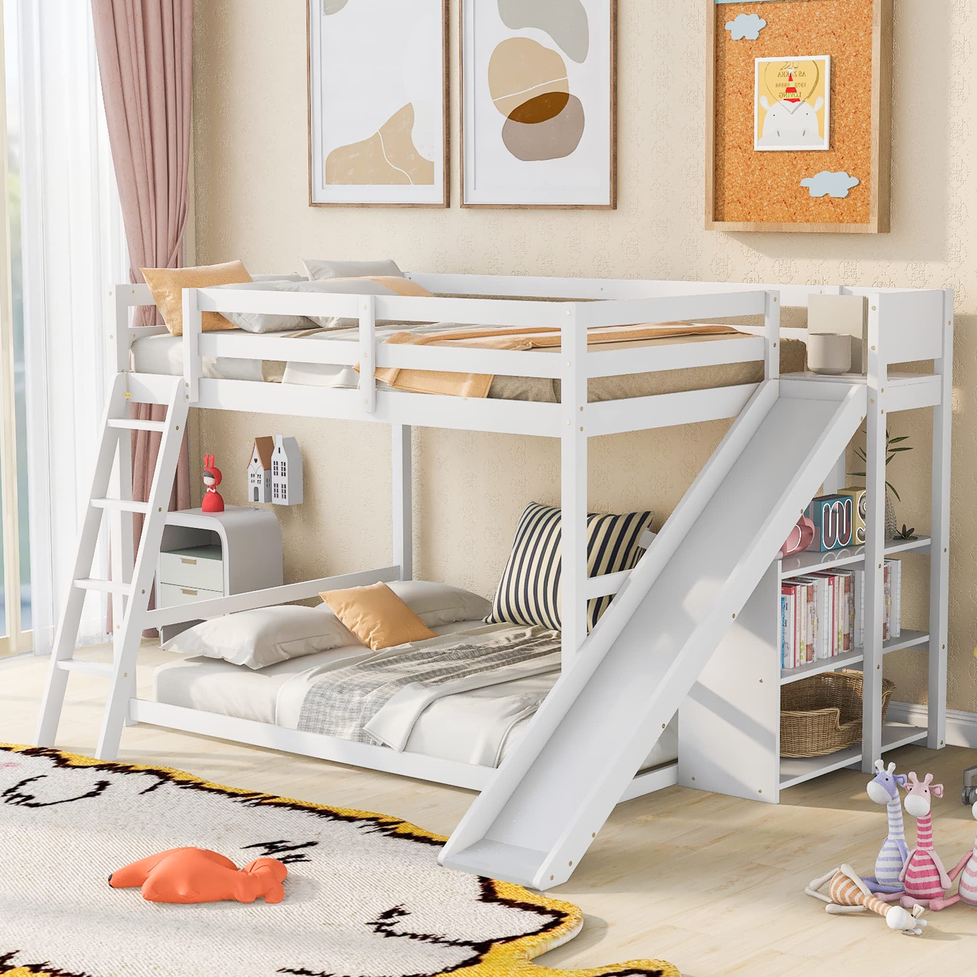 CITYLIGHT Full Over Full Bunk Beds with Slide, Wood Full Bunk Bed with Storage Shelves & Ladder,Floor Bunk Bed Full Size for Kids Girls Boys, White