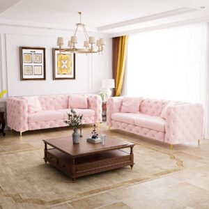 damaifrom 75 inch sofa couch set of 2, modern upholstered couch tufted velvet sofa high arm and metal gold legs decor with 2 piilows big comfy couch for living room, pink