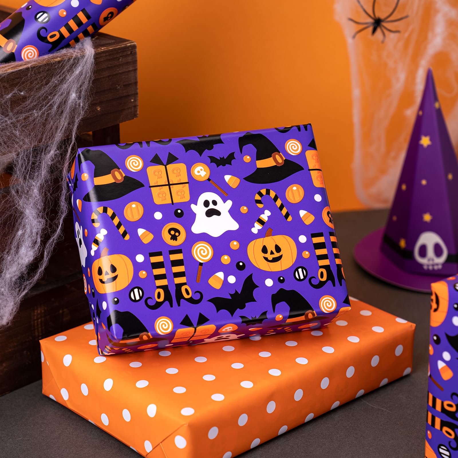 RUSPEPA Reversible Wrapping Paper Roll - Mini Roll - Pumpkin, Witch Hat, Bat and Ghost Pattern Great for Halloween, Party, Baby Shower - 17 Inches X 32.8 Feet