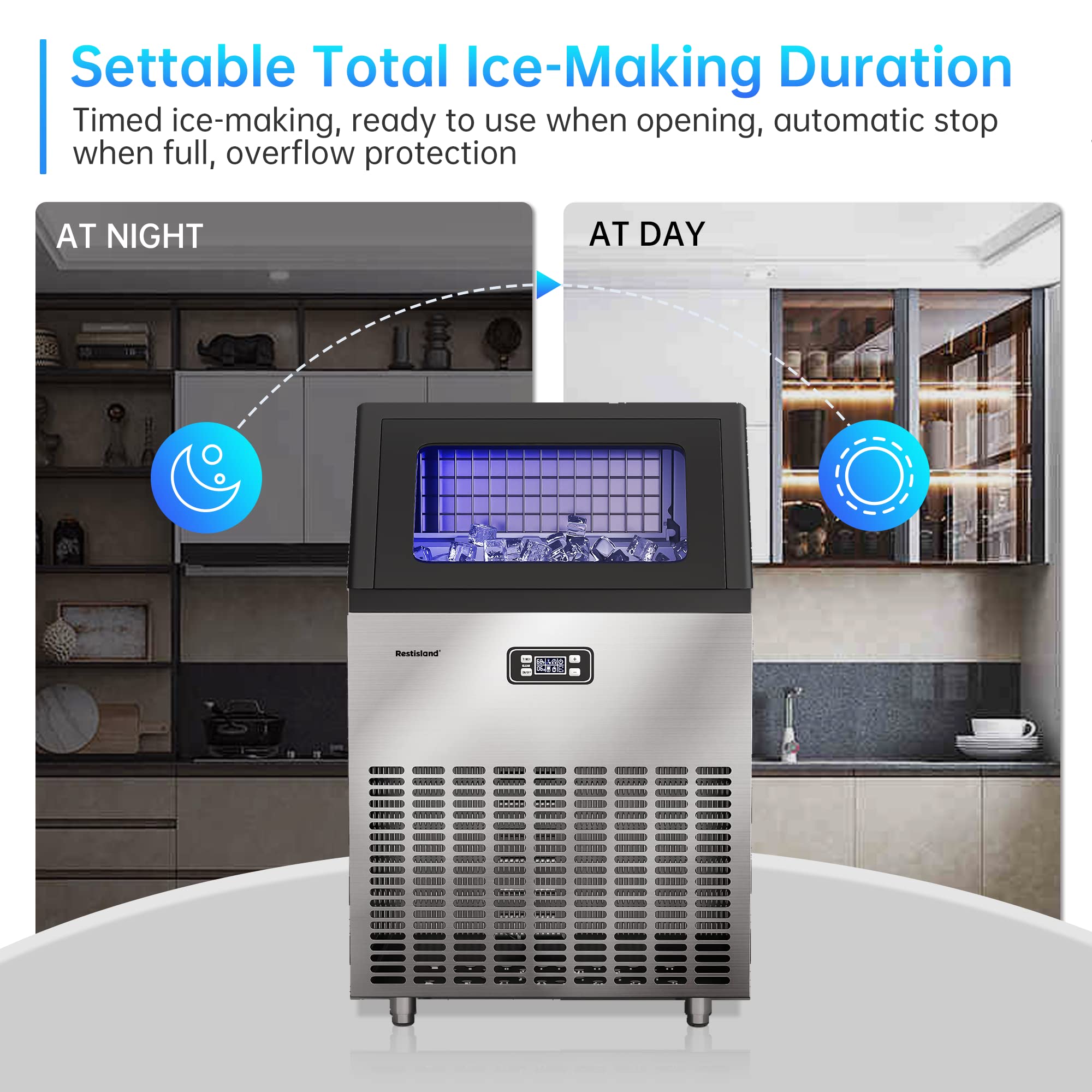 RESTISLAND Commercial Ice Maker Machine, 200 lbs/24 Hours, 48 lbs Storage Bin, Stainless Steel, Blue Light, Freestanding, Great for Home or Business, Includes Ice Scoop, Connecting Hose