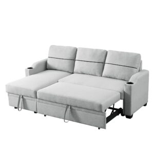 eafurn convertible sectional sleeper pull out bed, 3-seater l-shaped storage chaise and 2 cup holders, linen fabric upholstered corner sofa & couches for living room, gray 81"