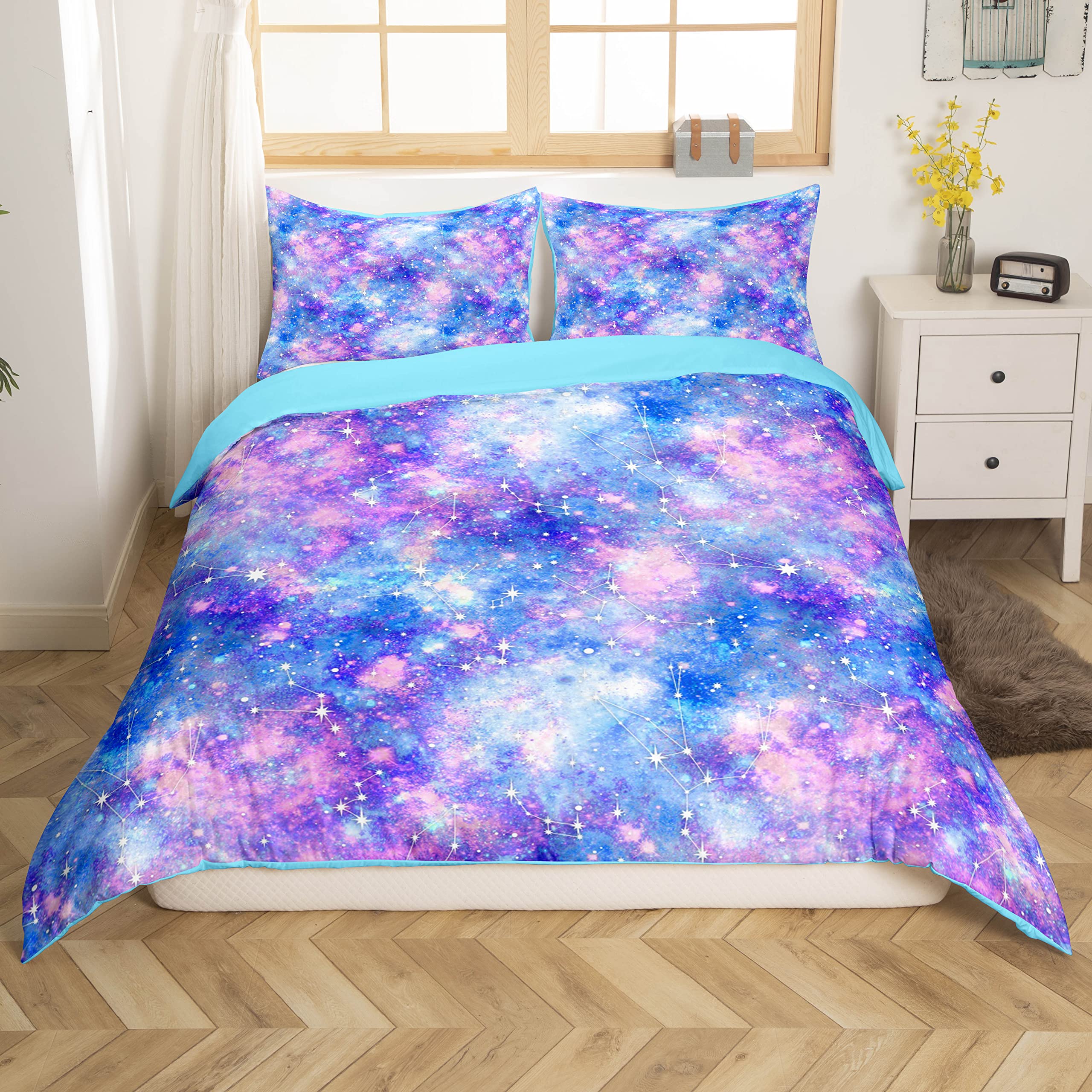 Erosebridal Sparkling Stars Bed Set Rainbow Galaxy Duvet Cover, Constellation Astrology Bedding Set Full Zodiac Nebula Comforter Cover, Navy Purple Horoscopes Bed Cover, Reversible Blue