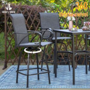 HERA'S HOUSE Patio Bar Stools Set of 2, Outdoor Swivel Bar Height Patio Chairs with Solid Back & Armrest, All Weather Textilen Fabric High Top Chair for Lawn Garden, Grey