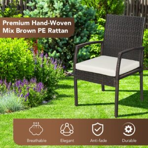 Tangkula Patio Wicker Dining Chair Set of 2, Outdoor PE Rattan Armchairs with Removable Cushion, Armrest, Weather-Resistant Wicker, Patio Armchairs for Garden, Backyard, Poolside (1, Off White)