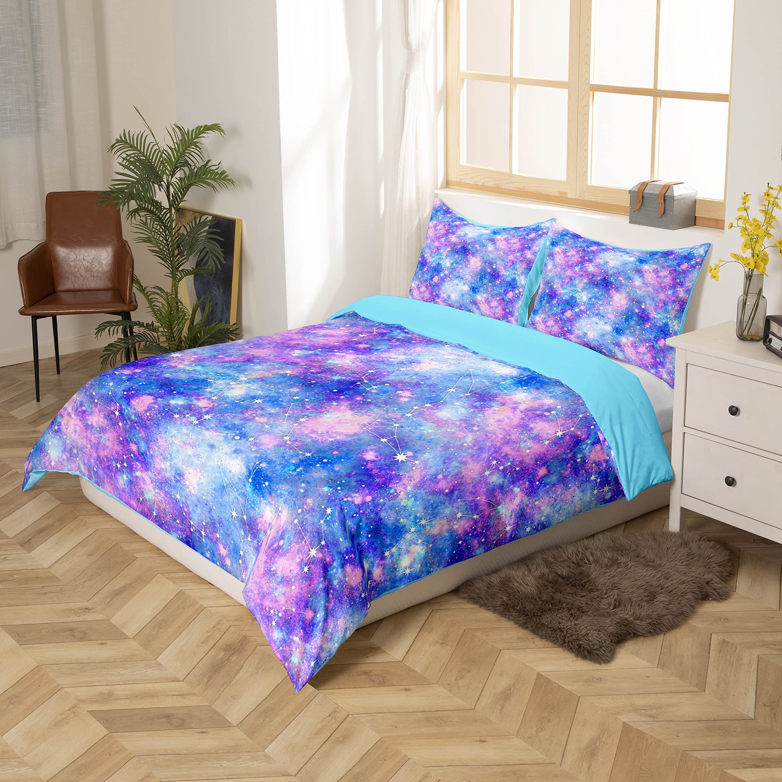 Erosebridal Sparkling Stars Bed Set Rainbow Galaxy Duvet Cover, Constellation Astrology Bedding Set Full Zodiac Nebula Comforter Cover, Navy Purple Horoscopes Bed Cover, Reversible Blue