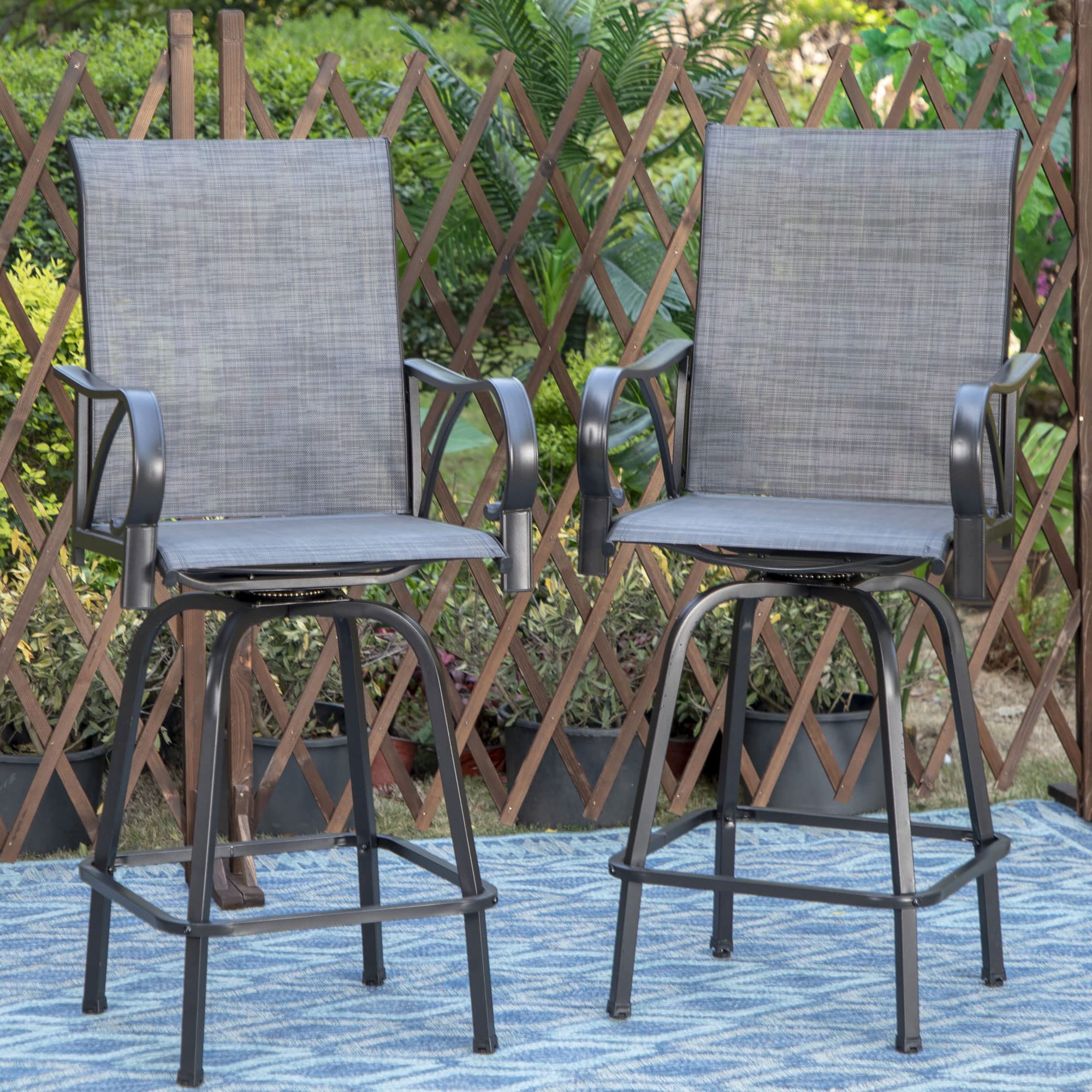 HERA'S HOUSE Patio Bar Stools Set of 2, Outdoor Swivel Bar Height Patio Chairs with Solid Back & Armrest, All Weather Textilen Fabric High Top Chair for Lawn Garden, Grey