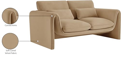 Meridian Furniture 199Camel-L Sloan Collection Modern | Contemporary Velvet Upholstered Loveseat with Soft Camel Velvet Fabric, Curved Arms, 64" W x 38" D x 31" H, Camel