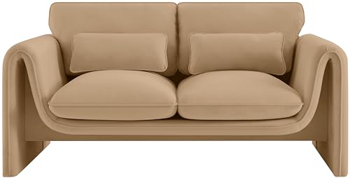 Meridian Furniture 199Camel-L Sloan Collection Modern | Contemporary Velvet Upholstered Loveseat with Soft Camel Velvet Fabric, Curved Arms, 64" W x 38" D x 31" H, Camel