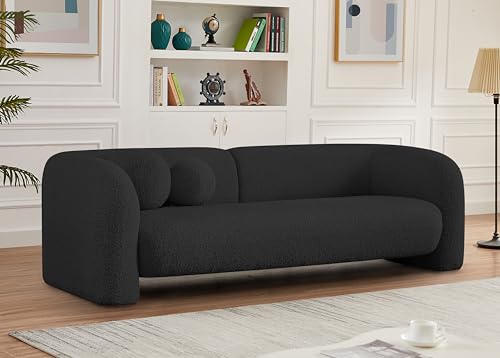 Meridian Furniture 139Black-S Emory Collection Art Deco Boucle Fabric Upholstered Sofa with Rich Black Boucle Fabric, Ball Pillows Included, 89" W x 34" D x 27" H, Black