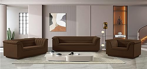 Meridian Furniture 192Brown-S Cascade Collection Modern | Contemporary Velvet Upholstered Sofa with Soft Brown Velvet Fabric, Deep Channel Tufting, Curved Arms, 94" W x 34" D x 28" H, Brown