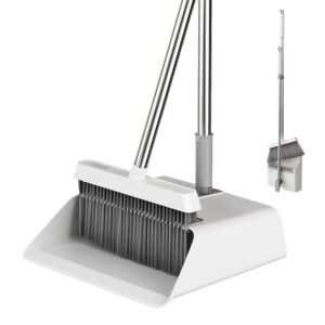 joymoop broom and dustpan set, upright standing brooms for sweeping indoor, light weight stainless steel can be hung on the wall, suitable for pet hair, carpet, floor