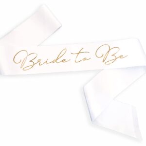 ModParty Bride to Be Sash| Bachelorette Party Sash | White + Gold Sash For Bride | Bridal Shower White Satin Sash | Includes Diamond Pin + Gift Box | Bachelorette Decorations