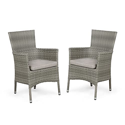 Muse & Lounge Co. Pecos Transitional Metal and All-Weather Wicker Patio Armchairs with Cushion, Set of 2 for Outdoor, Poolside, Garden, Yard, Gray