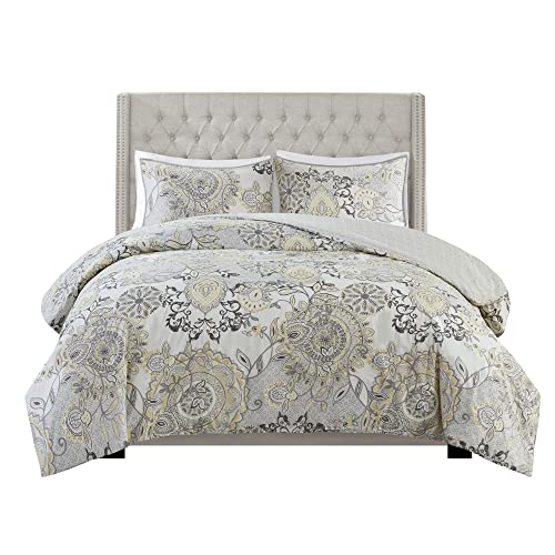 Madison Park Isla Reversible Cotton Duvet Set - Casual Medallion Floral to Damask Print Reverse, All Season Comforter Cover Bedding Set with Matching Shams, Yellow Full/Queen(90"x90") 3 Piece