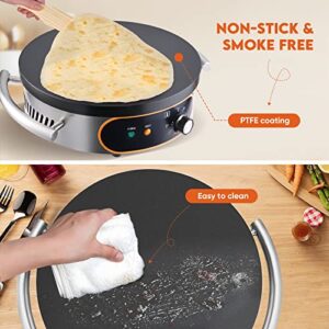 BOEASTER Commercial Crepe Maker, 16" Non-Stick 2000W Electric Crepe Machine Adjustable Temperature Control, Thickened Cast Iron Cooking Surface Pancakes Maker Griddle with Handle