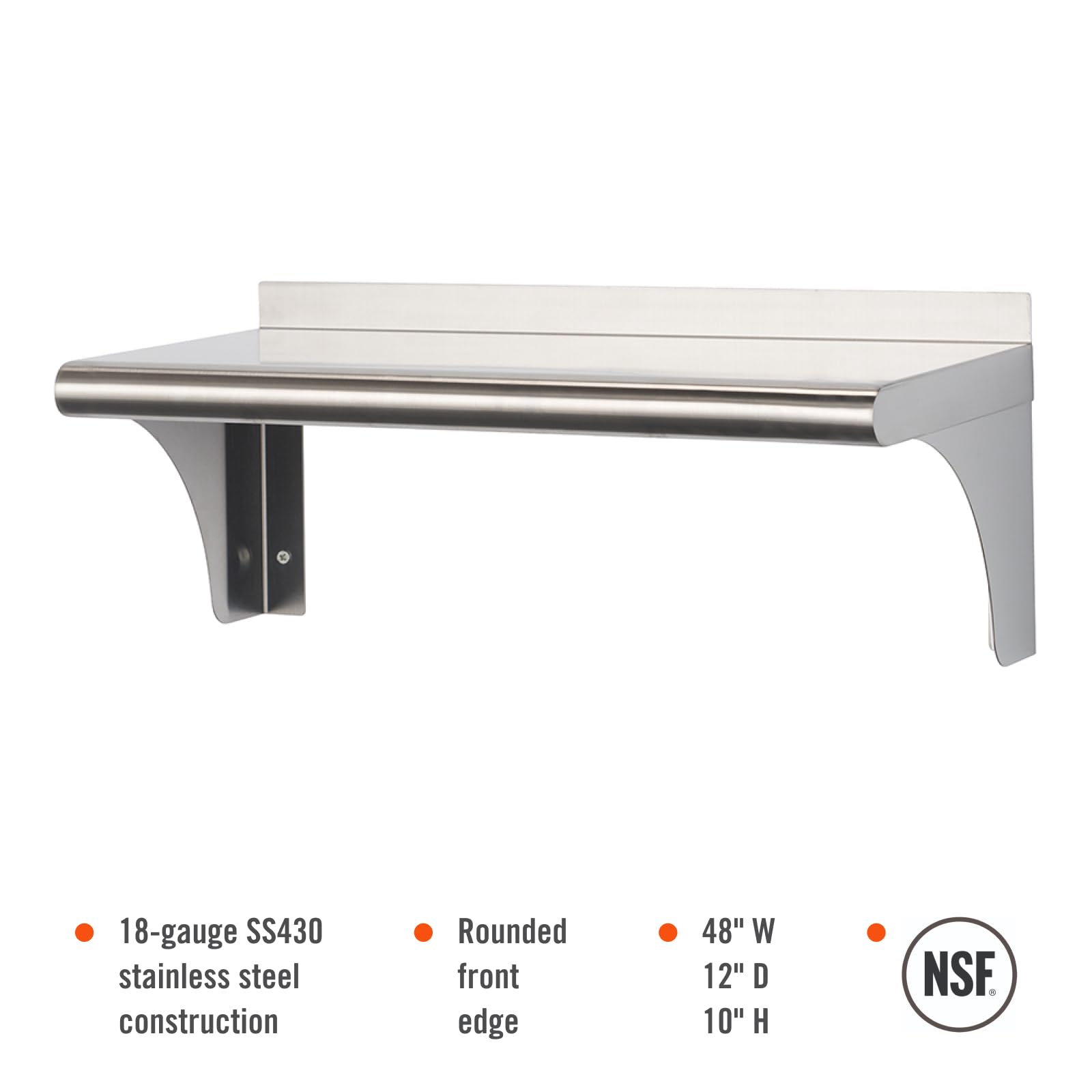 TRINITY THA-3328 EcoStorage NSF Commercial-Grade Stainless Steel Wall Shelf for Kitchen, Garage, Pantry, Storage, 24” W x 12” D x 10” H