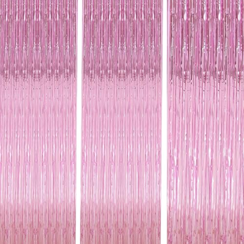 TenLaitech Curtain Pink Foil Backdrop, 3 PCS 3.3 x 9.9 ft, for Galentines Day Decorations, Birthday, Graduation, Engagement Party Decorations