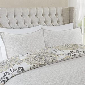 Madison Park Isla Reversible Cotton Duvet Set - Casual Medallion Floral to Damask Print Reverse, All Season Comforter Cover Bedding Set with Matching Shams, Yellow Full/Queen(90"x90") 3 Piece