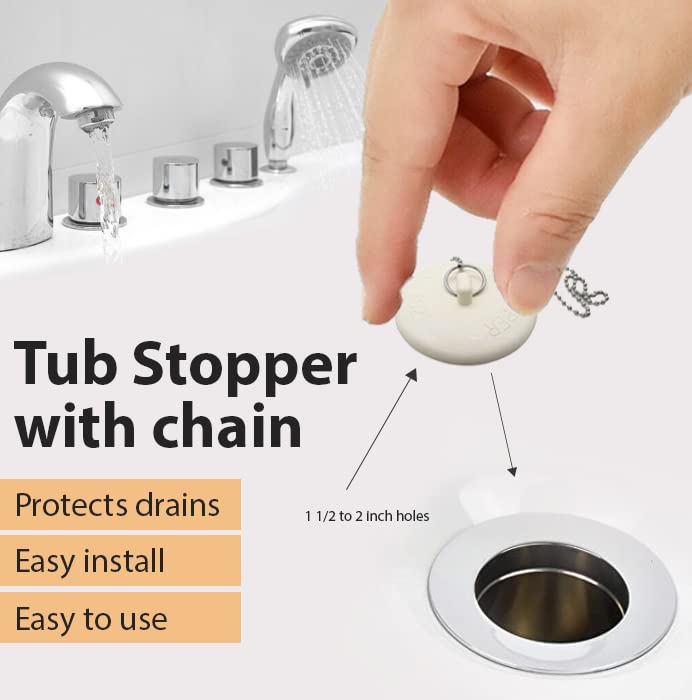 Gadgetime USA - Tub Stopper with Chain - Rubber Drain Cover - for Kitchen, Bathtub, Shower, Sink & Laundry for 1 1/2 inch to 2 inch