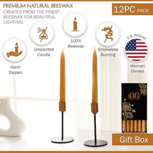 12 Dripless 8" Long Beeswax Taper Candles, 100% Natural Beeswax Taper Candles, Smokeless Tall Candlesticks, Decorative Long Burning Time, Drip Free Beeswax Candle Sticks for Home, Wedding, Dinner, etc