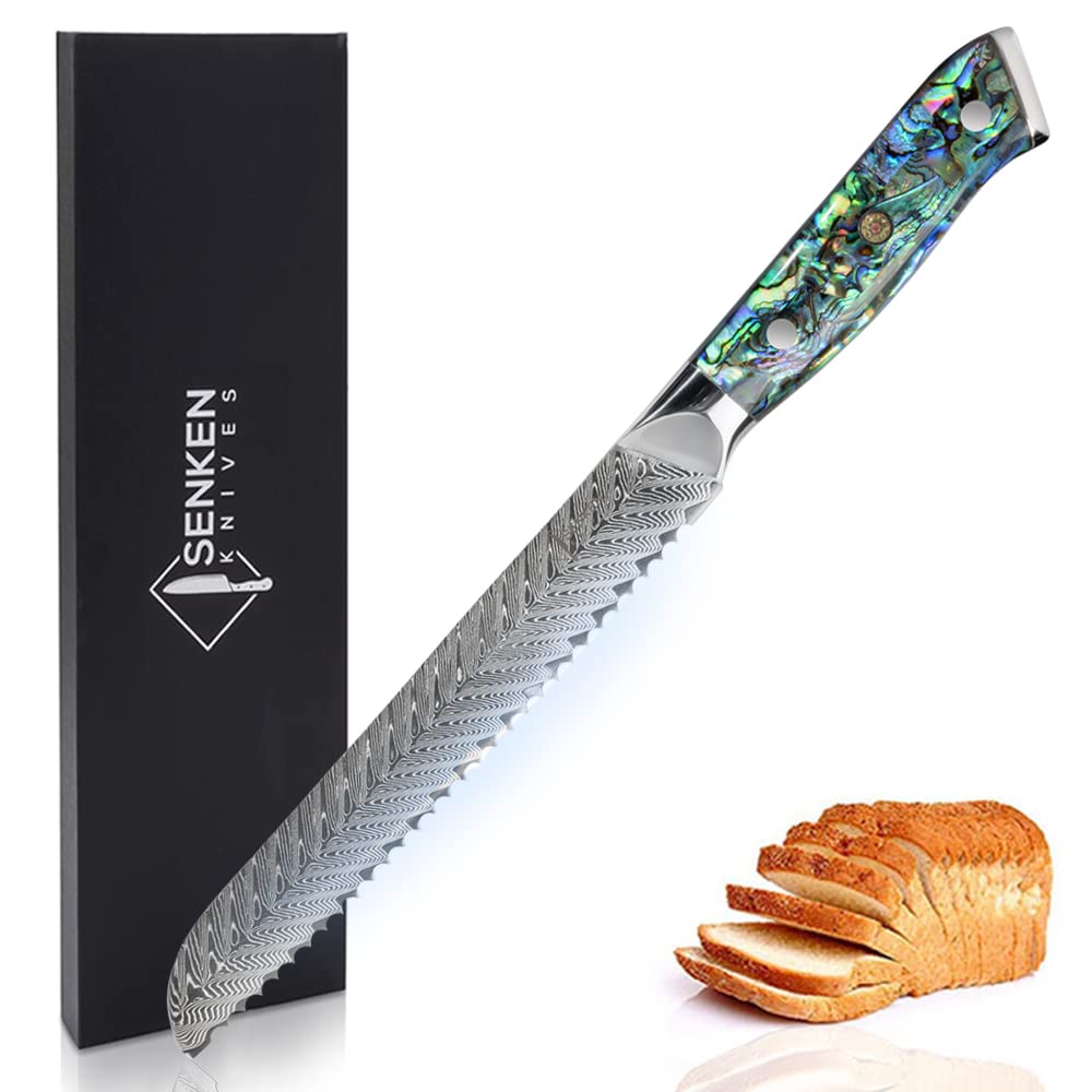 SENKEN 8" Damascus Steel Bread Knife - Umi Collection - 67-Layer Japanese VG10 Steel, Real Deep-Sea Abalone Shell Handle (Damascus Serrated Bread Knife)