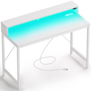 rolanstar computer desk 39 inch with led lights & power outlets, home office desk with monitor shelf, gaming desk, writing desk, study desk for student & kids, white