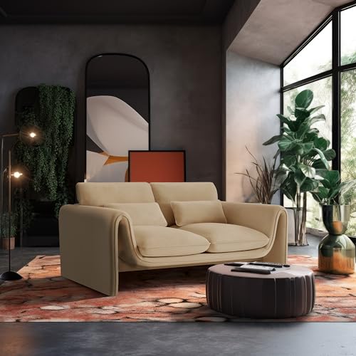 Meridian Furniture 199Camel-L Sloan Collection Modern | Contemporary Velvet Upholstered Loveseat with Soft Camel Velvet Fabric, Curved Arms, 64" W x 38" D x 31" H, Camel