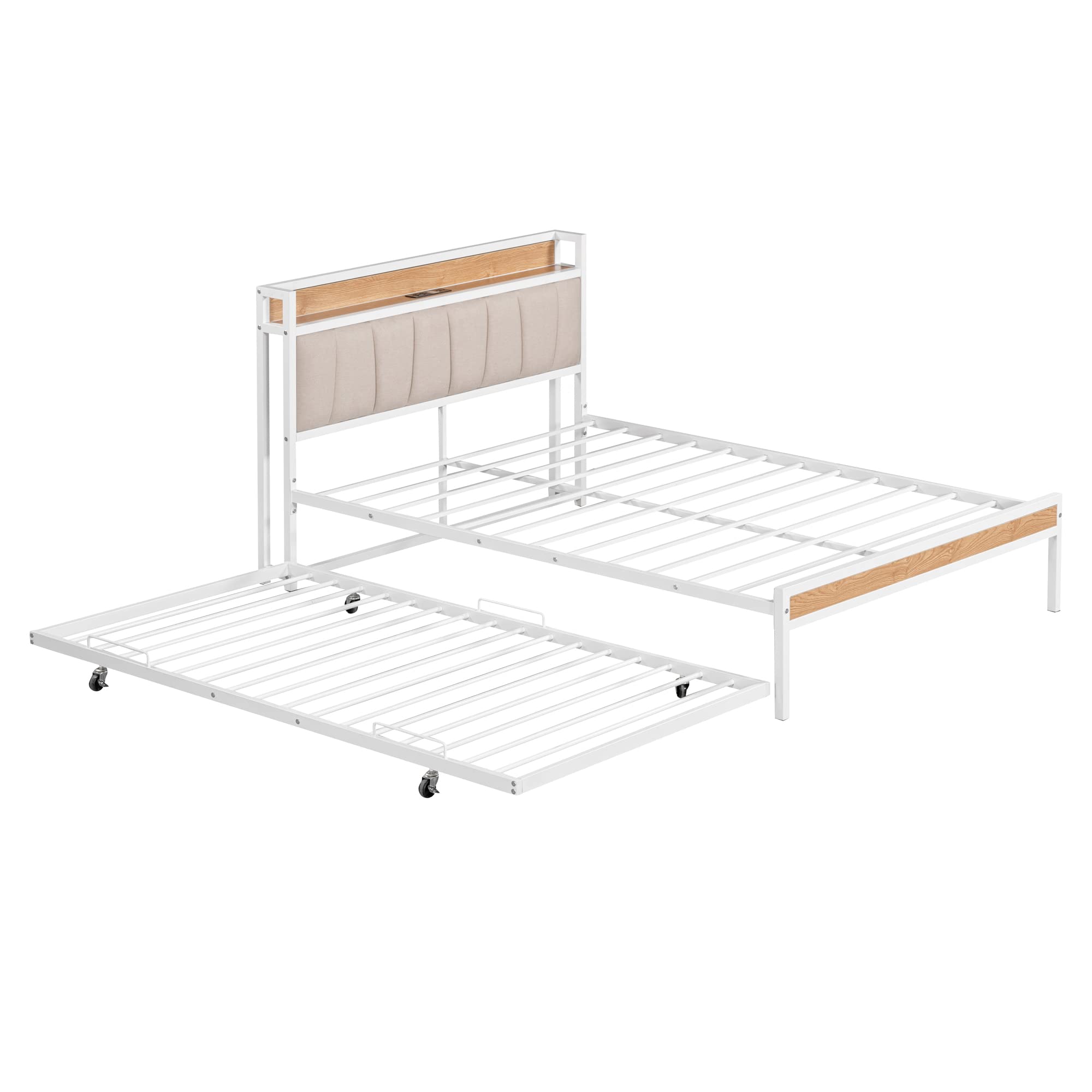 Full Size Platform Bed with Trundle, Metal Full Platform Bed Frame with Upholstered Headboard, Sockets, USB Ports and Slat Support, No Box Spring Needed, White