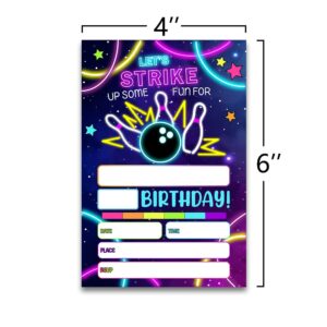 FujLoy Bowling Birthday Invitation, Bowling Birthday party Invitation Cards, Rainbow Neon Glow Bowling Invite.（052）