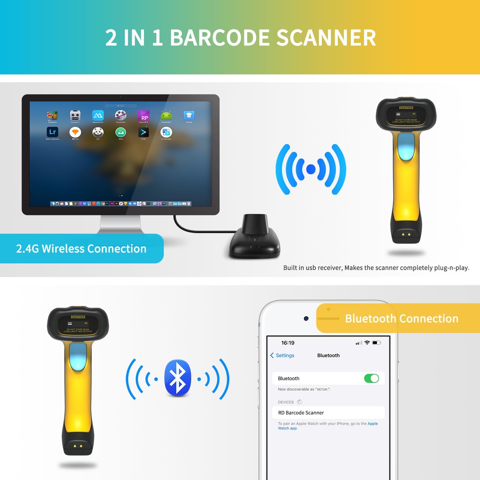 NETUM Upgraded QR Industrial Bluetooth Barcode Scanner with Charging Dock, Wireless 2D 1D Bar Code Reader 2600mAh Drop Protection Shock Dust Proof Hands Free for Windows Mac Android iOS (NT-1200)