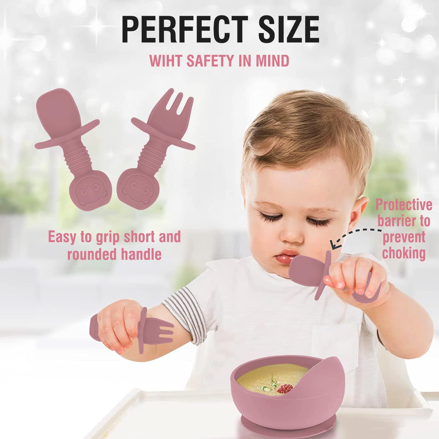 Mrkyy Baby Feeding Set 8 Piece | Baby Led Weaning Utensils Set Includes Suction Bowl and Plate, Baby Spoon and Fork, Sippy Cup with Straw and Lid | Baby Feeding Supplies - Dark Pink