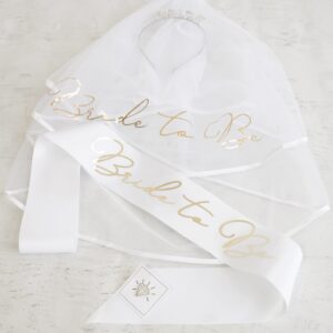 ModParty Bride to Be Sash| Bachelorette Party Sash | White + Gold Sash For Bride | Bridal Shower White Satin Sash | Includes Diamond Pin + Gift Box | Bachelorette Decorations