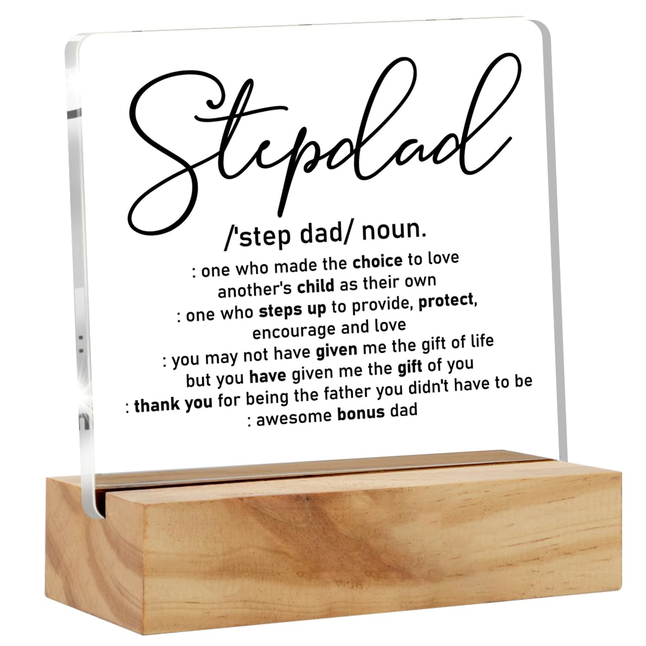 Gifts for Stepdad Stepfather Bonus Dad, Stepdad Desk Decor Acrylic Desk Plaque Sign with Wood Stand Home Office Desk Sign Keepsake Step Dad Present