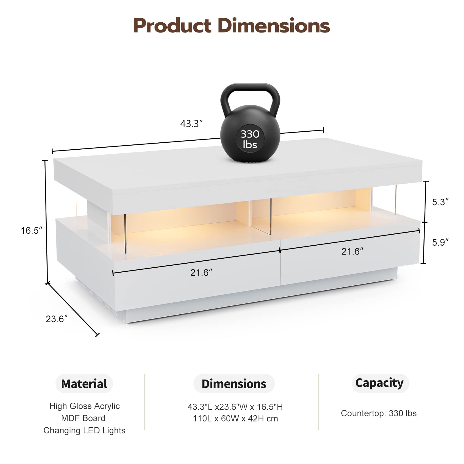 IKIFLY Modern High Glossy Coffee Table, White Coffee Table with 2 Storage Drawers and Acrylic Design Open Space, Rectangle Coffee Table with 16 Colors LED Lights for Living Room