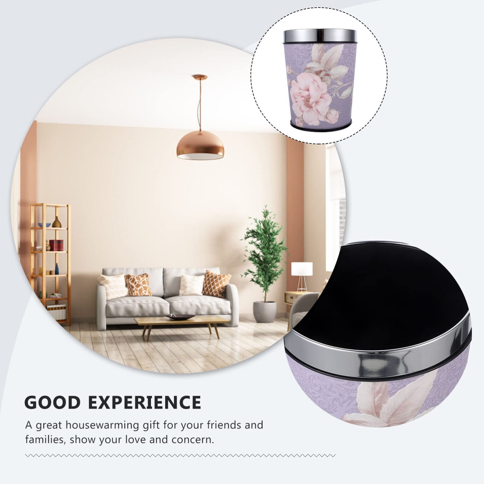 MAGICLULU Stainless Steel Container Floral Trash Can Round Wastebasket Modern Wastepaper Bucket Small Garbage Bin for Office Home Bedroom Living Room 5L Purple Stainless Steel Containers