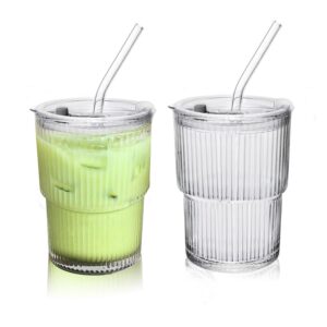 lioong 2pcs clear glass cups with lids and straws,ice coffee cups with lids,glass coffee tumbler with sip lid,glass cups go traveling coffee mugs for cold drinks, smoothie, juice,drinking (400ml)