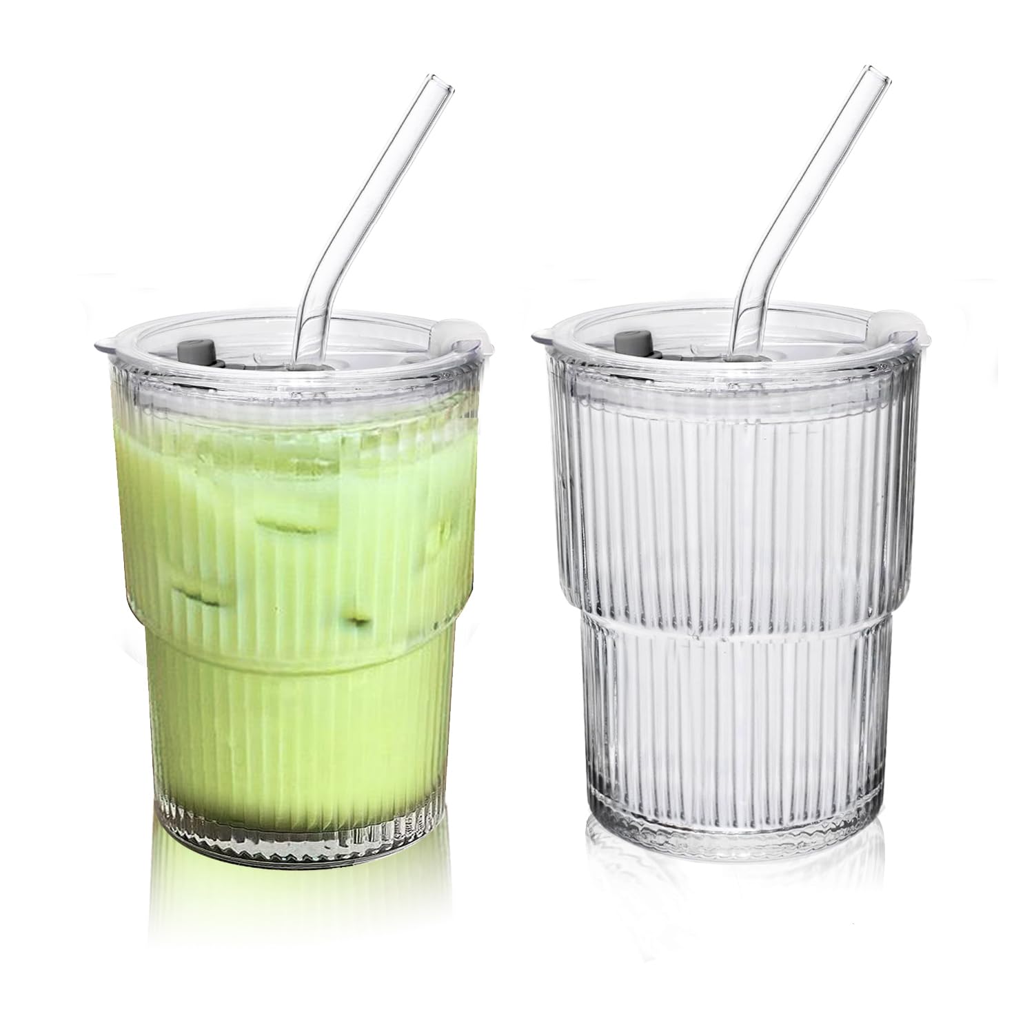 Lioong 2pcs Clear Glass Cups with Lids and Straws,Ice Coffee Cups With Lids,Glass Coffee Tumbler with Sip Lid,Glass Cups Go Traveling Coffee Mugs For Cold Drinks, Smoothie, Juice,Drinking (400ml)