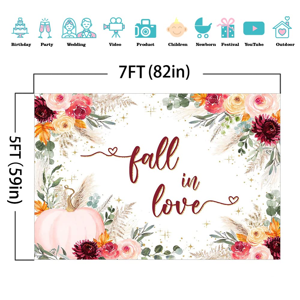 Mocsicka Fall in Love Bridal Shower Backdrop Burgundy Pink Pumpkin Bridal Shower Background Boho Autumn Bridal Shower Party Decorations Banner Photo Studio Props (7x5ft)