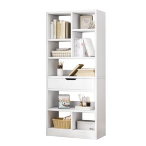 iotxy wooden open shelf bookcase - 61" height free standing display storage cabinet organizer with 8 cubes and a drawer, floorstanding bookshelf, warm white