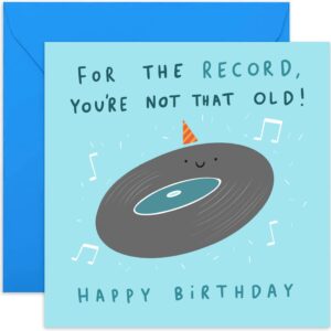 old english co. funny happy birthday card for dad - 'for the record you're not that old' hilarious vinyl birthday card for him - grandad birthday card | blank inside with envelope