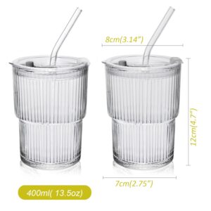 Lioong 2pcs Clear Glass Cups with Lids and Straws,Ice Coffee Cups With Lids,Glass Coffee Tumbler with Sip Lid,Glass Cups Go Traveling Coffee Mugs For Cold Drinks, Smoothie, Juice,Drinking (400ml)