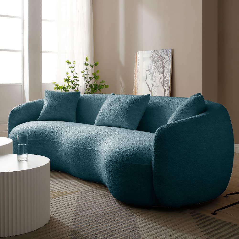 kevinplus 94'' Blue Cloud Curved Sofa Boucle Couch for Living Room, Modern Luxury Contemporary Upholstered Sectional Sofa Couch for Home Apartment Office Studio, 3 Pillows, Blue