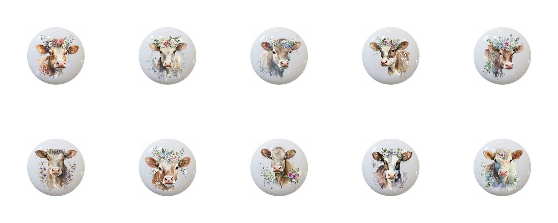 Cows and Flowers Nursery Art Cute Cow - DECORATIVE Ceramic Dresser Drawer PULLS Cabinet Cupboard KNOBS (Set of 10)