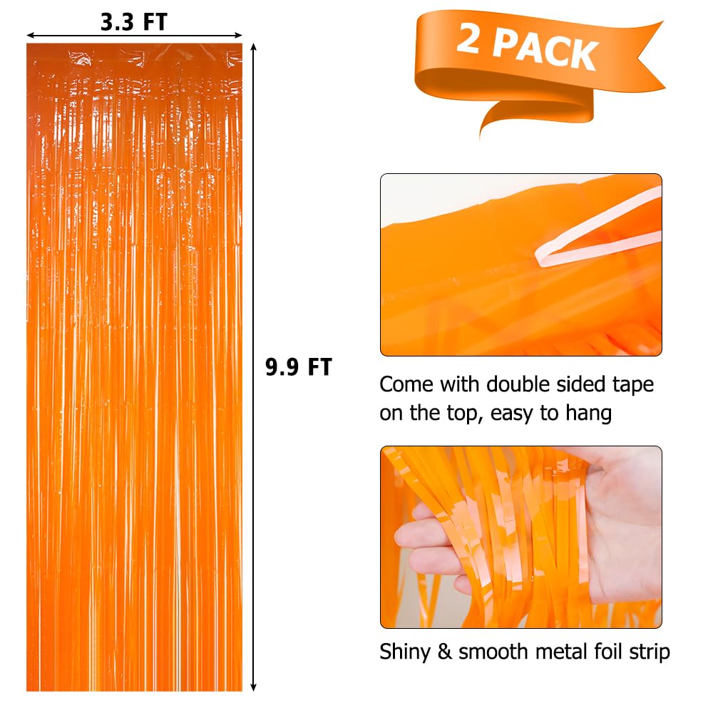 Slergut Orange Foil Fringe Curtains, 2 Pack 3.3 x 9.9 ft, Party Backdrop Decoration for Birthday, Graduation, Photo Booths, Table Decorations