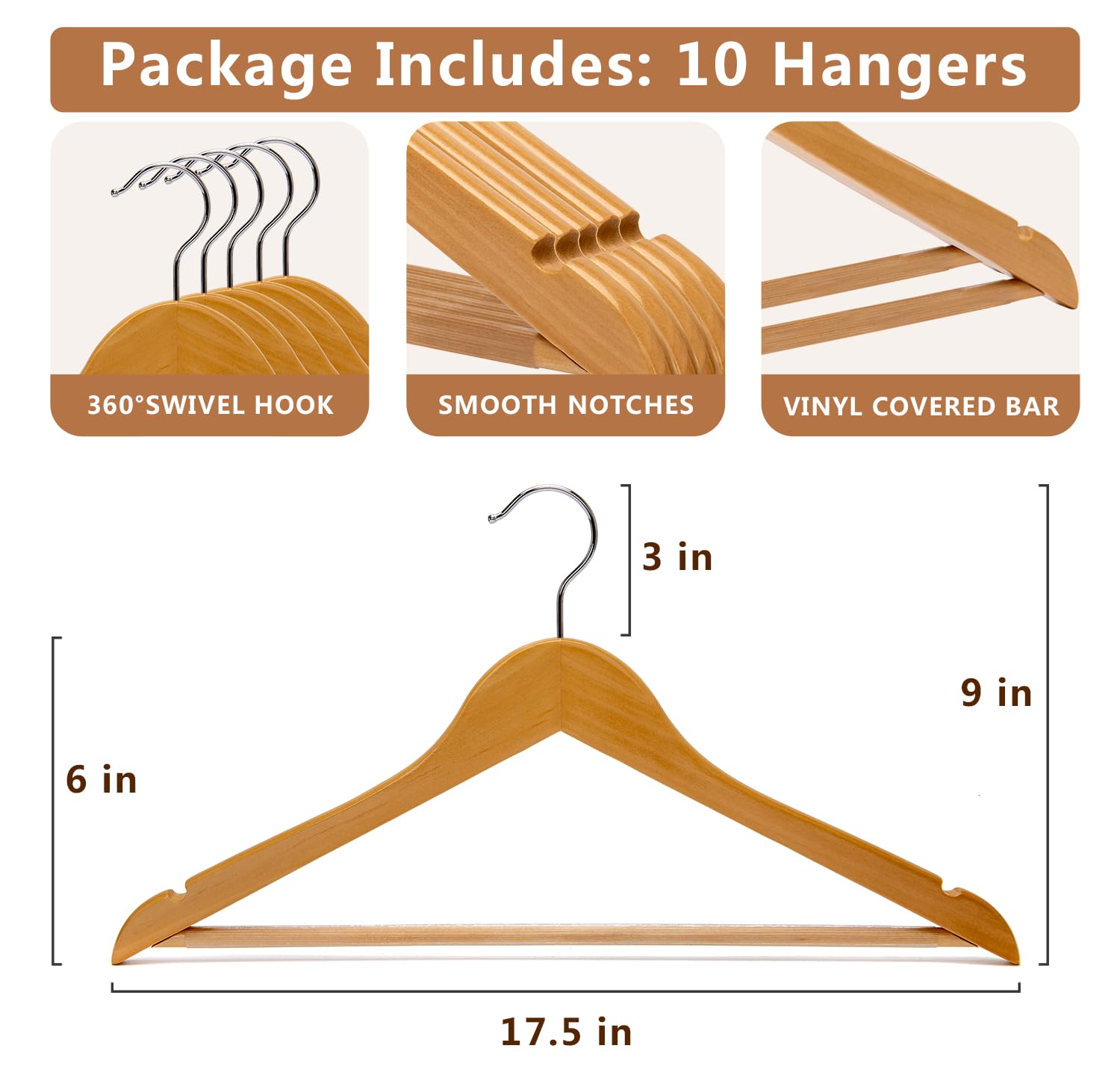 Wooden Hangers 10 Pack, Non-Slip Wood Hangers with 360° Swivel Hook & Notches, Solid & Slim Coat Hangers for Shirt, Suit, Jacket, Dress, Natural-HL01N