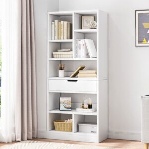 IOTXY Wooden Open Shelf Bookcase - 61" Height Free Standing Display Storage Cabinet Organizer with 8 Cubes and a Drawer, Floorstanding Bookshelf, Warm White