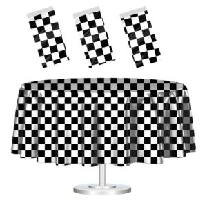 3 Pack Black and White Round Checkered Tablecloth 84 ×84 Checkered Table Cover Disposable Tablecloth for Round Tables Race Car Theme Party Birthday Picnic Camping Checkered Round Plastic Table Cloth