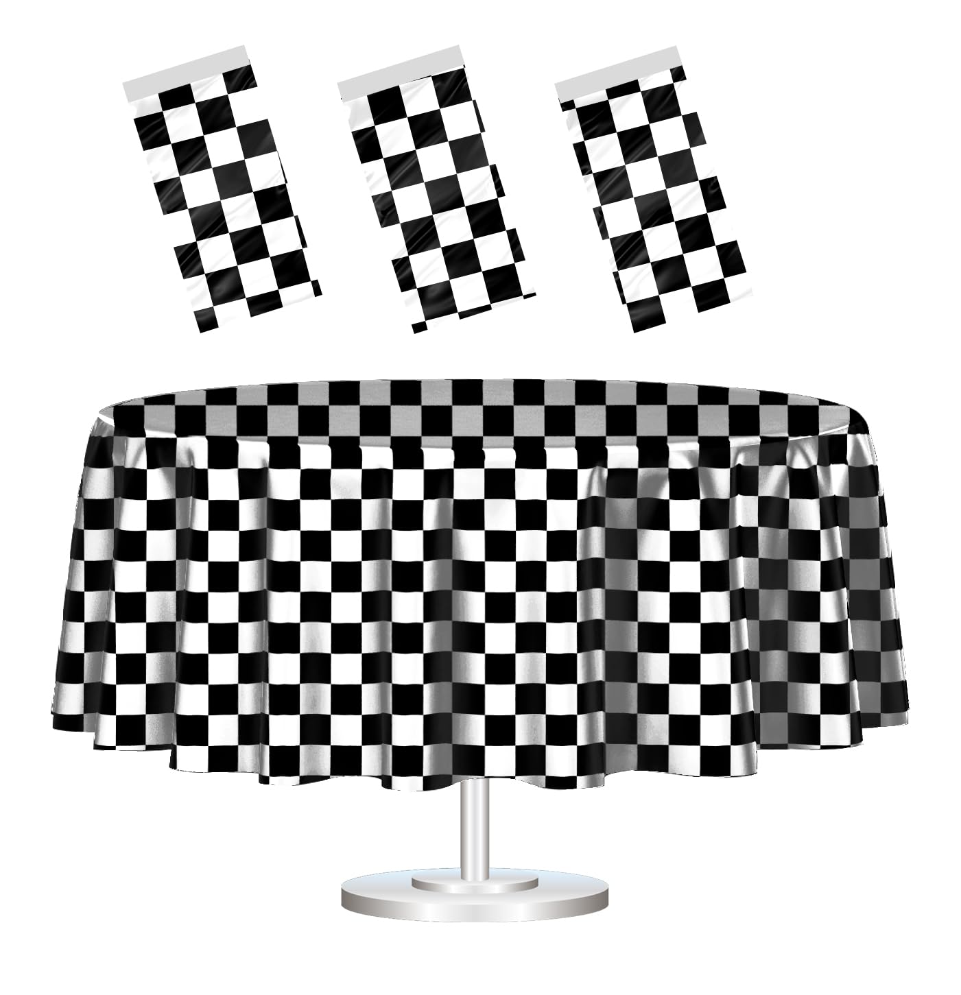 3 Pack Black and White Round Checkered Tablecloth 84 ×84 Checkered Table Cover Disposable Tablecloth for Round Tables Race Car Theme Party Birthday Picnic Camping Checkered Round Plastic Table Cloth